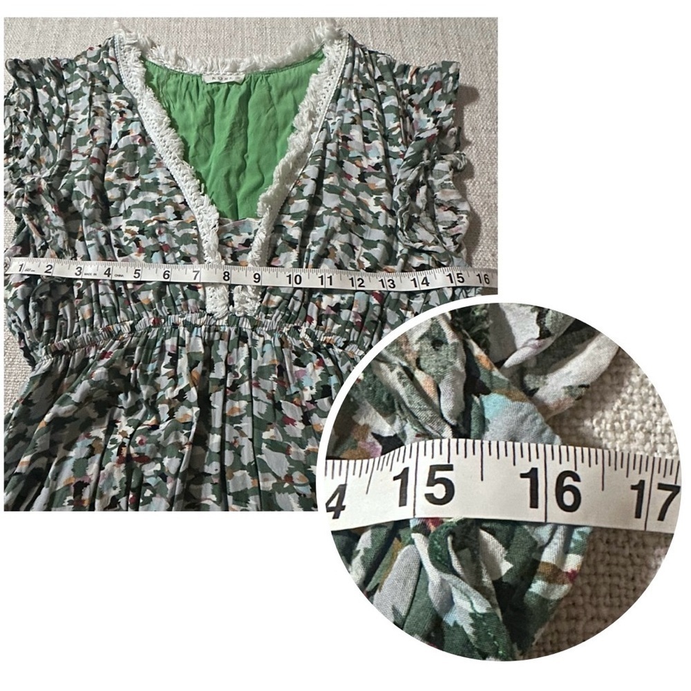 KORI Green Multi Color V-Neck Hi-Li Dress Lined Fringe Lace Flutter Boho Wmn S - Picture 11 of 14